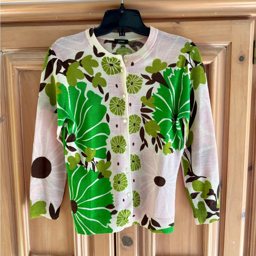 J. Crew Green and Brown Floral Cardigan